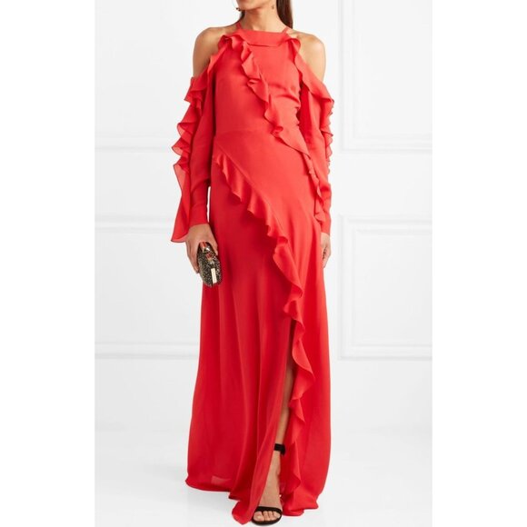 Elie Saab Cold-Shoulder Ruffled Gown Dress Red Silk Size 36 / 4 - Picture 1 of 5
